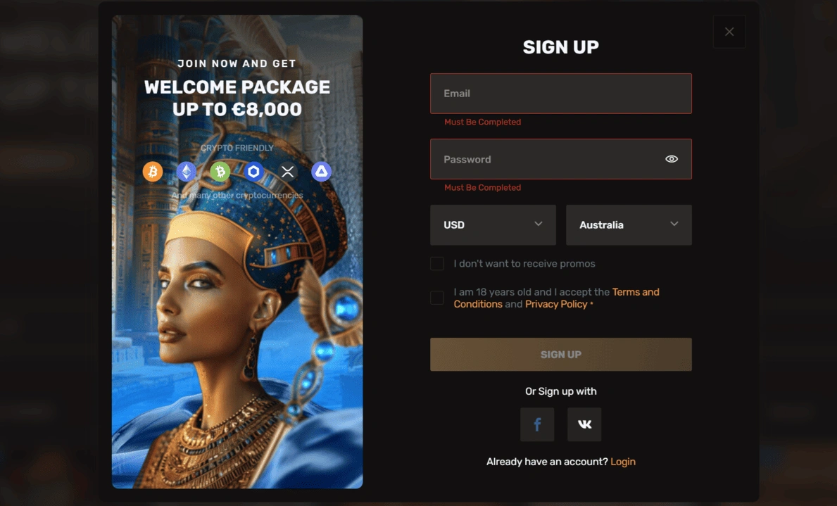 Cleopatra Casino registration form
